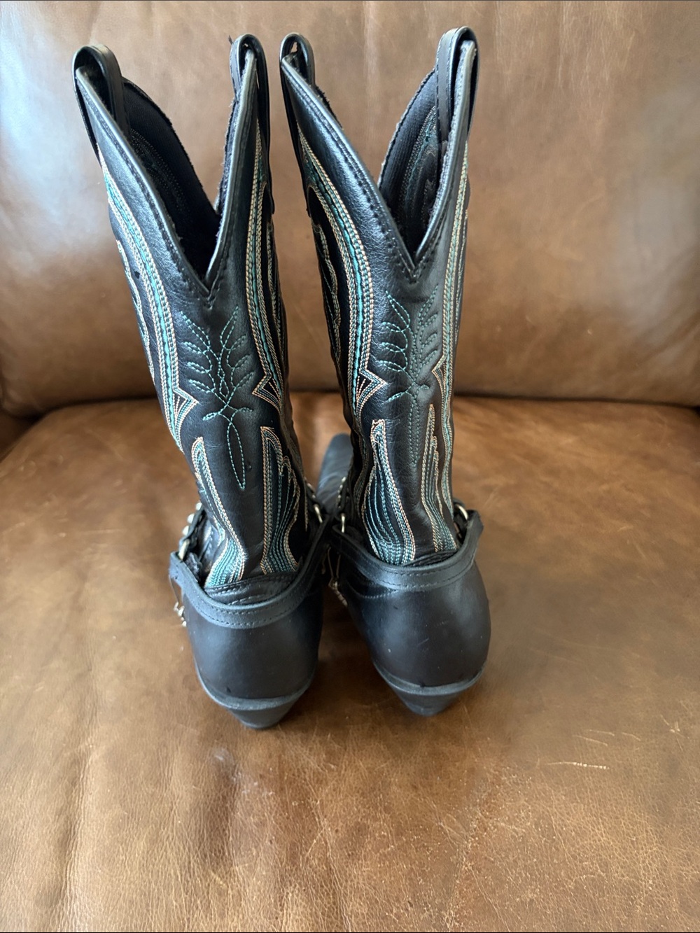 Laredo Women's Black Western Cowboy Boots with Teal Stitching - Picture 4 of 5